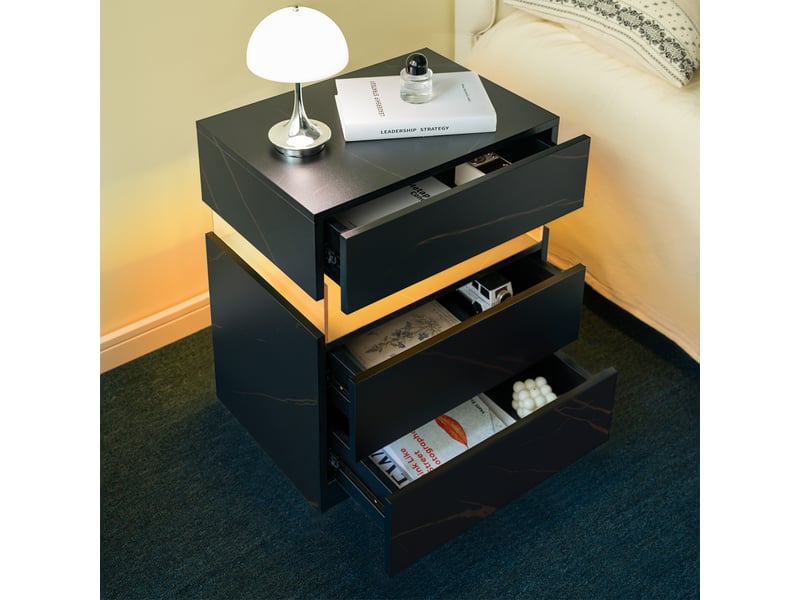  Table de chevet led - noir+or - bois d'ingénierie - 17.5 kg - 3 tiroirs - lumière led rgb multicolore 48x38x61cm - Conforama B