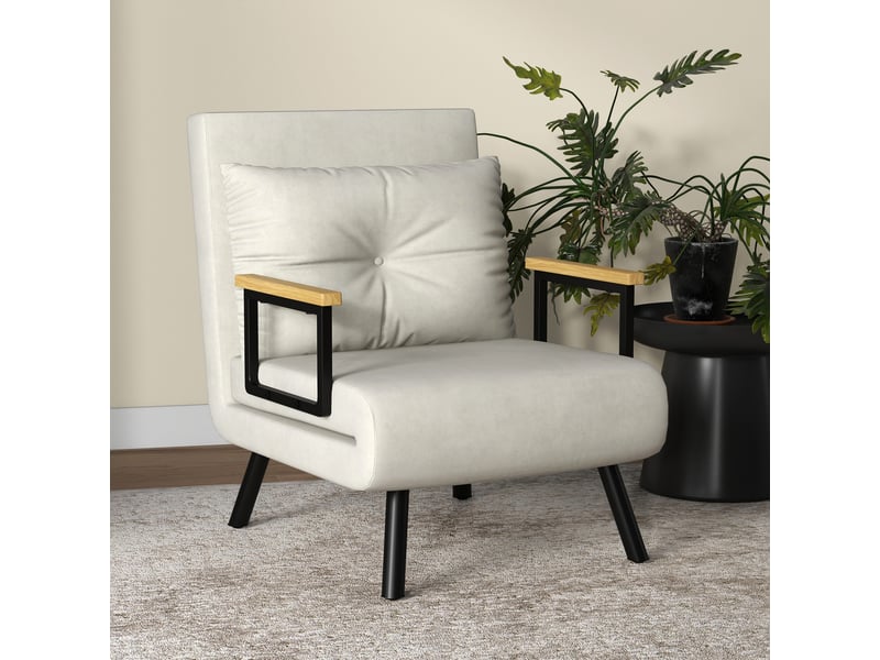 Fauteuil convertible 4 en 1 lit 1 place dossier 5 positions, accoudoirs en bois et coussin, tissu effet velours, crème  - Conforama W