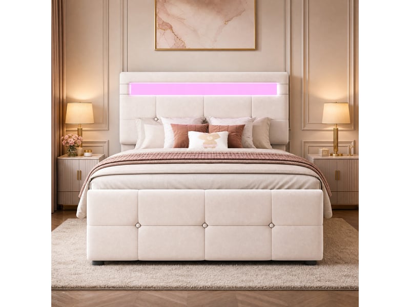  Lit enfant coffre 90x200 cm avec led et tête de lit réglable en velours beige  - Conforama B