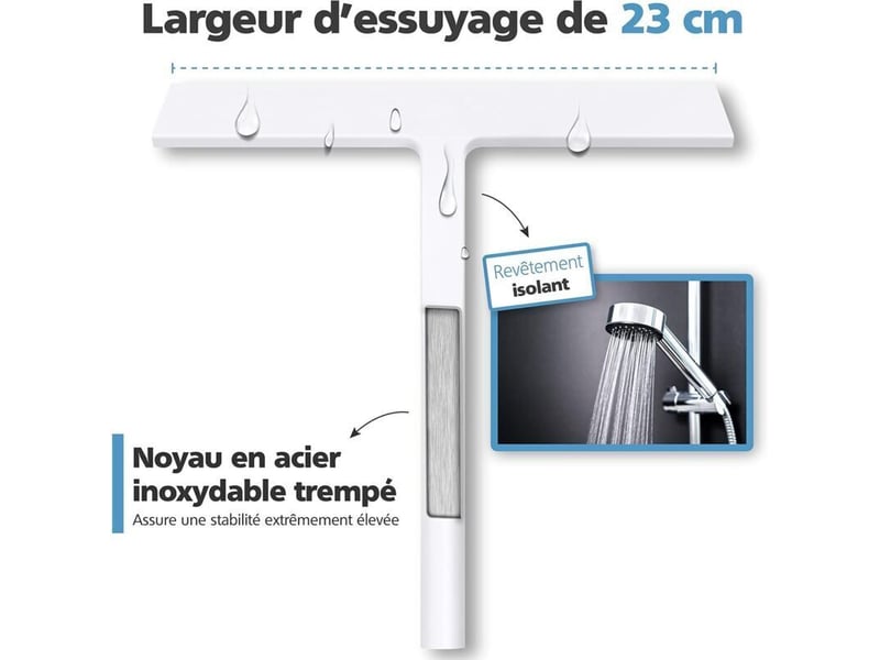  Raclette douche silicone blanc 23 cm, suspension, noyau inox. Nettoie vitres sans résidus. Idéale salle de bain, durable et efficace.  - Conforama B