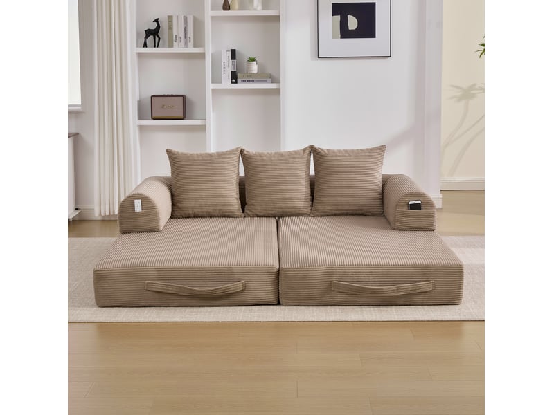 Canapé modulable modenvie 3 places en velours côtelé kaki avec structure en métal, 3 coussins et poche latérale, 200 x 94 x 67 cm - Conforama E