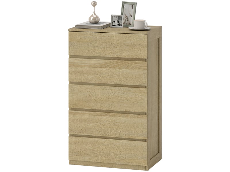  Commode en bois à 5 tiroirs avec glissières métalliques et poignées rainurées, 60 x 39 x 100 cm, couleur hêtre  - Conforama B