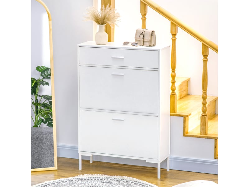  Étagère à chaussures moderne pour 12 paires de chaussures avec 2 portes abattantes et un tiroir, 76 x 26 x 110 cm, blanche  - Conforama B