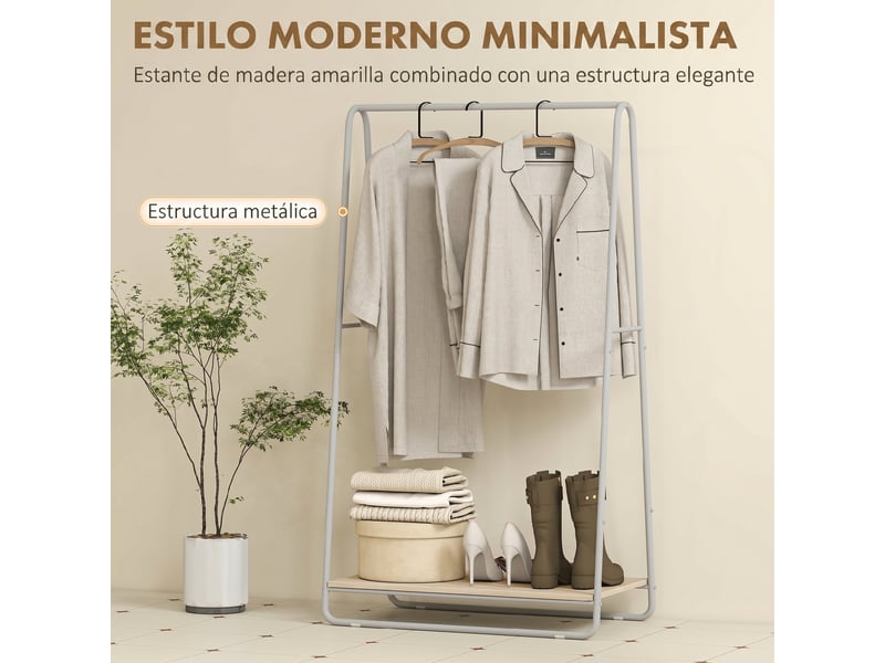 Portant à vêtements 3 en 1 avec étagère à chaussures, barres supérieures et latérales, structure en métal naturel et gris - Conforama E