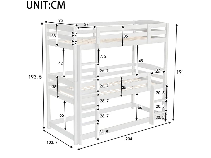  Lit superposé triple 90x200 cm, transformable en lits séparés, pin et mdf, finition blanche, sécurisé, sans matelas  - Conforama C