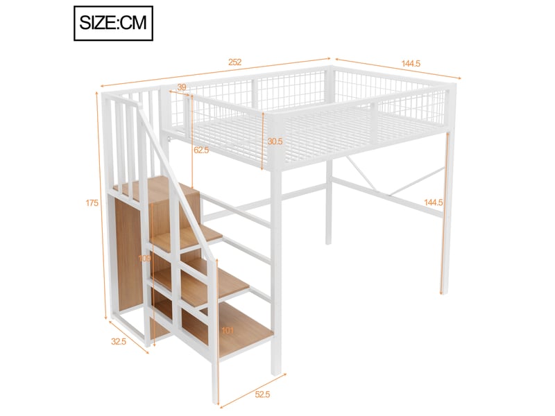  Lit mezzanine 140x200 cm avec échelle de rangement et éclairage led blanc  - Conforama C