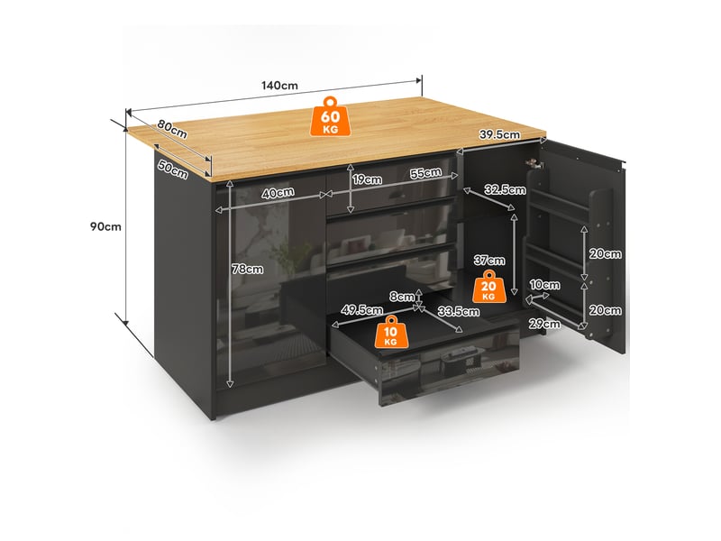  Îlot de cuisine avec 4 tiroirs, 2 placards et plateau extensible, finition brillante, noir et bois, 140 × 80 × 90 cm  - Conforama D