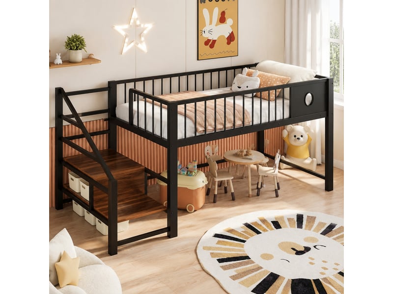 Lit mezzanine bas enfant 90x200 cm avec escalier de rangement, métal noir - Conforama C
