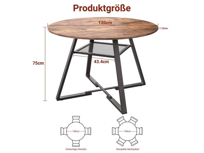  Table à manger ronde - 120x120x75cm - table de cuisine industrial vintage 4-6 personnes avec rangement en métal - marron  - Conforama E