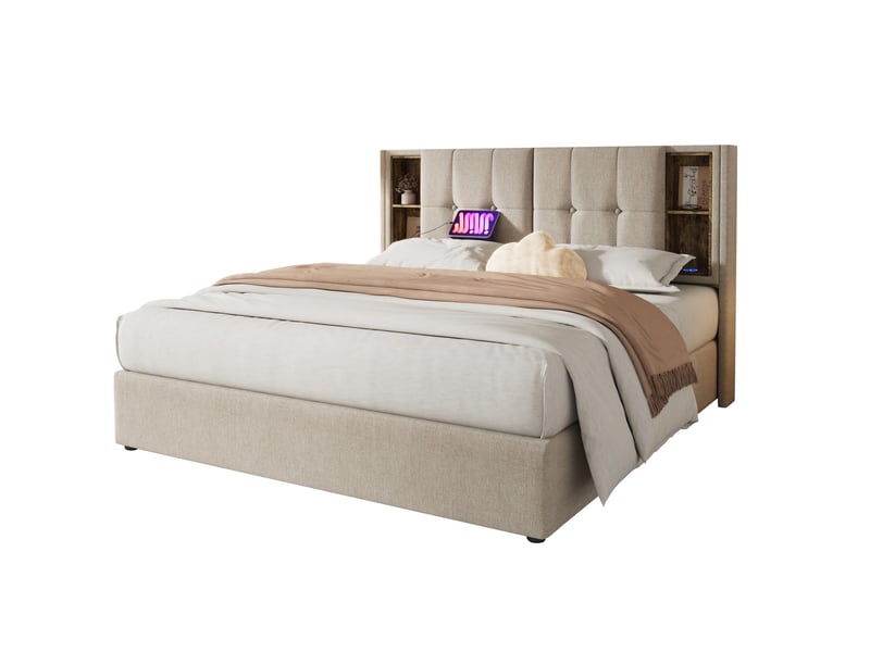  Lit double avec rangement 180 x 200 cm en lin naturel, recharge sans fil et usb  - Conforama A
