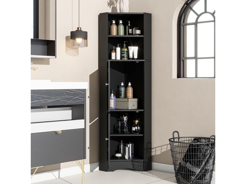  Meuble de salle de bain d'angle avec 2 compartiments, niche ouverte et étagère réglable, 36,5 x 36,5 x 155 cm, noir  - Conforama D