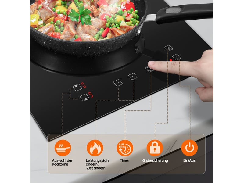  Plaque à induction 2 foyers 3300 w, plaque induction encastrable 30 cm, tactile, verre noir, 9 niveaux et minuterie  - Conforama W