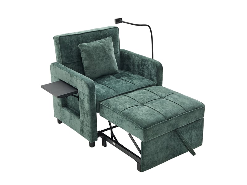 Fauteuil-lit 2-en-1 vert en chenille avec coussin, tablette et rangements  - Conforama D