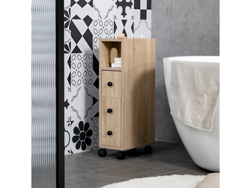  Meuble de salle de bain à quatre roulettes, compartiment ouvert, tiroir et placard, en bois, 18 x 30 x 68,5 cm, couleur chêne  - Conforama D