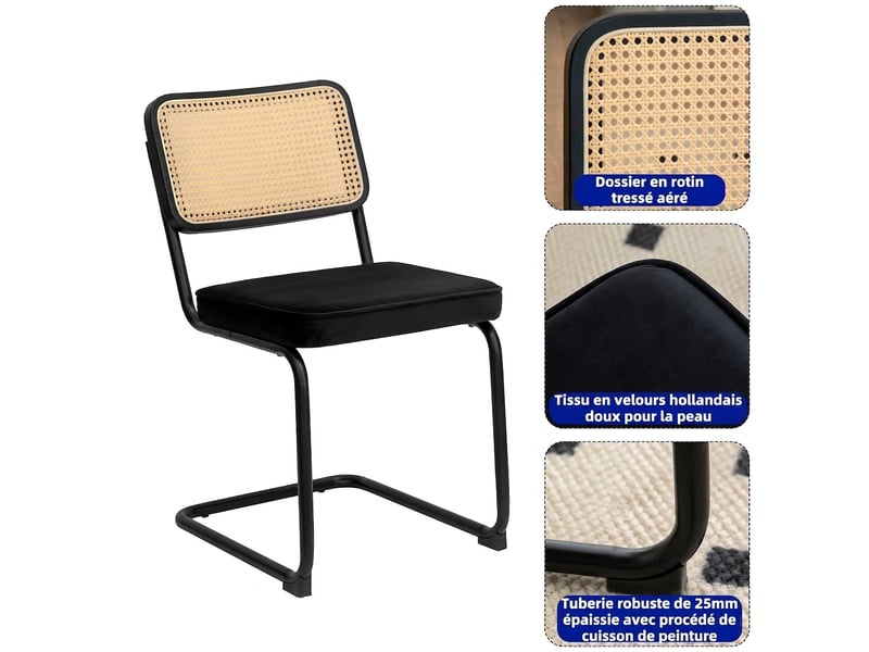  Chaises de salle à manger lot de 4 en velours et rotin, pieds chromés, style moderne mid-century, 53x46.4x84.6 cm  - Conforama R