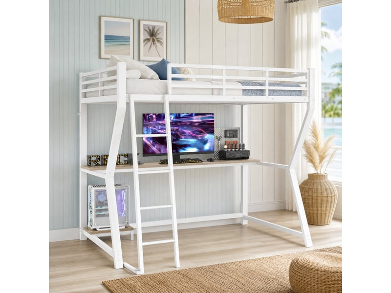  Lit mezzanine simple 90×200 cm avec bureau, prise, usb, led et étagère pc  - sans matelas, métal - blanc  - Conforama C