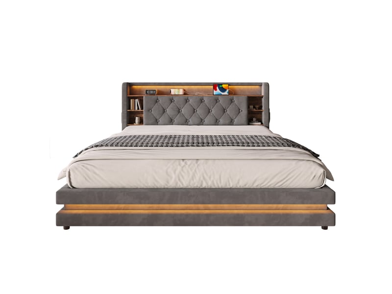  Lit coffre tcqpz 180 x 200 cm led usb type-c velours gris foncé  - Conforama A