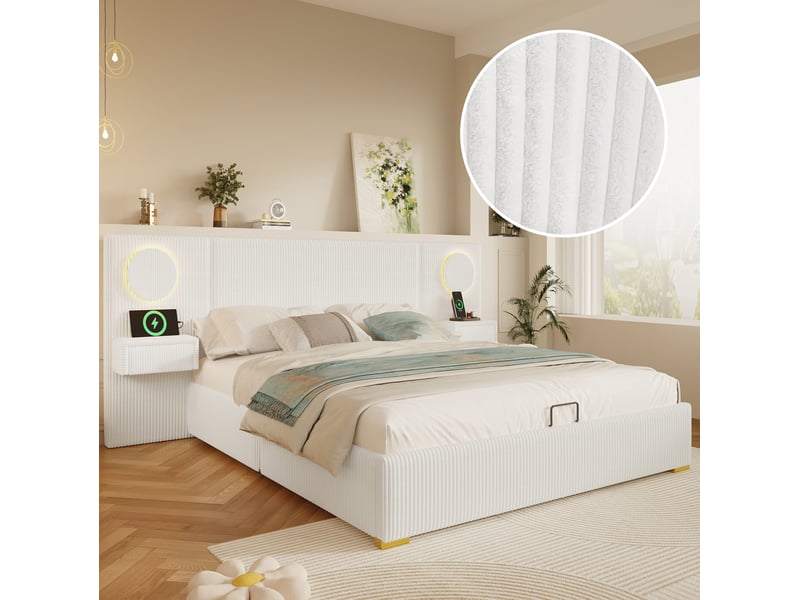  Lit coffre 180 x 200 cm en velours beige avec tête de lit led et ports usb  - Conforama D
