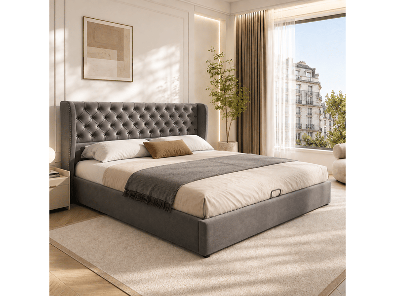  Lit coffre rembourré 160 x 200 cm en velours gris, tête de lit à oreilles capitonnée, sommier à lattes 3068034AAH - Conforama D