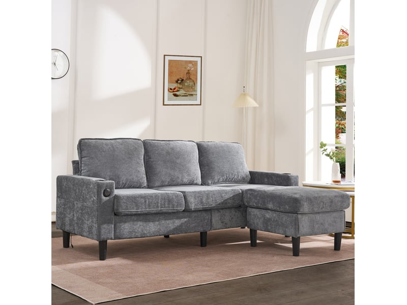 Canapé d'angle modenvie modulable gris en lin avec pouf, usb, type-c et porte-gobelets 202 x 137 x 80 cm - Conforama E