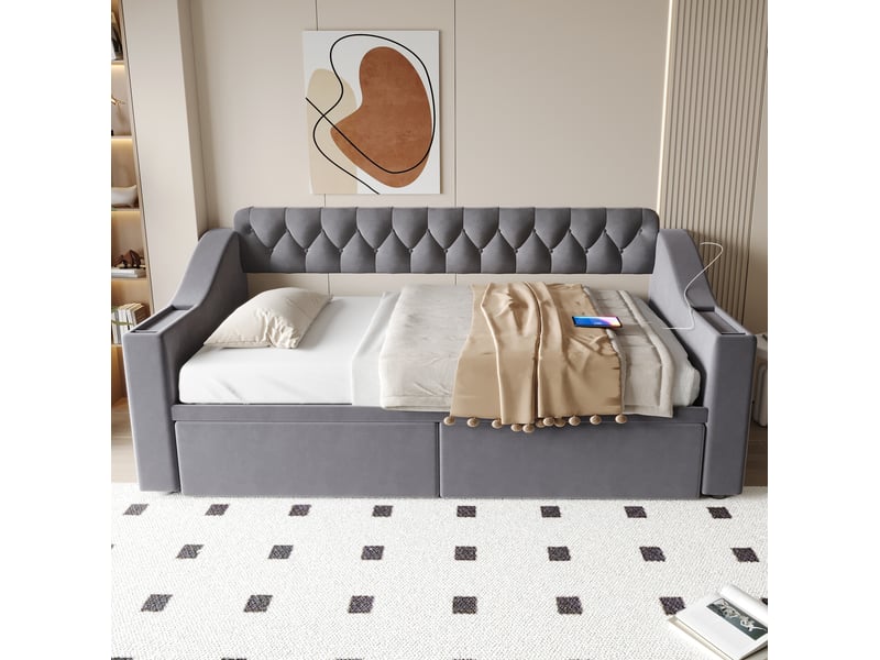  Lit enfant 90 x 190 cm tiroirs de rangement accoudoirs larges ports de charge usbtype-c velours gris foncé sans matelas  - Conforama B