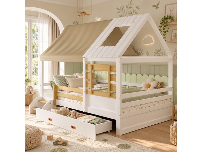 Lit cabane 120x200 cm, blanc et bois naturel, avec toit en tissu amovible, fenêtre latérale, grand tiroir et barrières de protection - Conforama B
