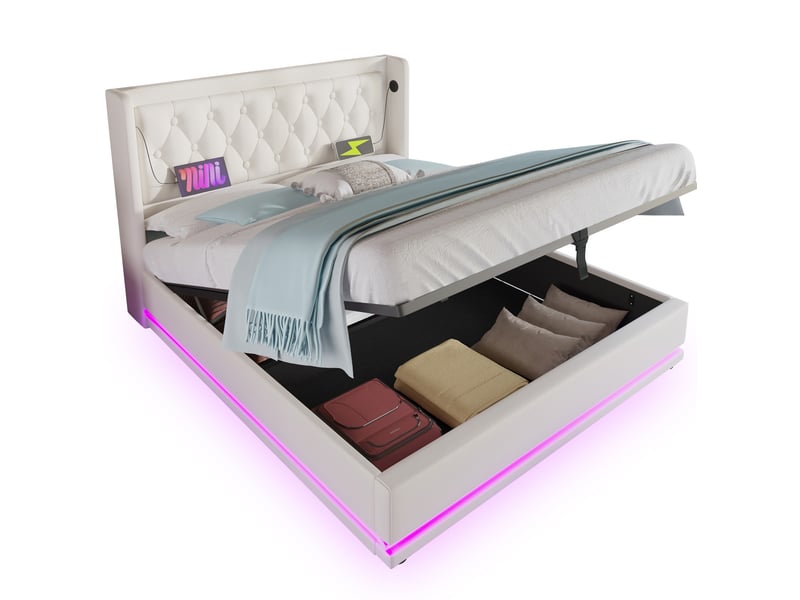  Lit coffre 160x200 cm, fonction usb type-c, led 3 côtés, pu, blanc sans matelas  - Conforama A