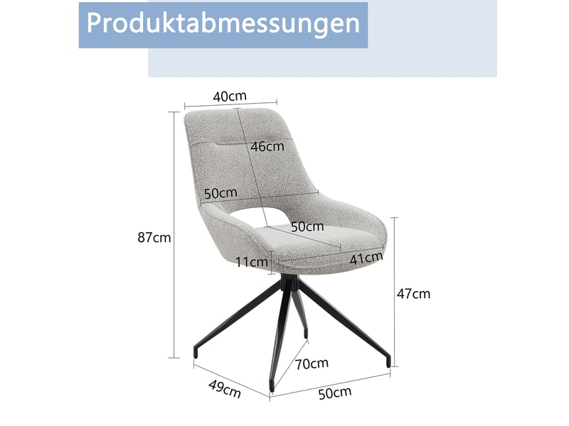 Lot de 2 chaise de salle à manger 50x49x87cm rotative 360°, dossier ergonomique, assise confort, noir+gris, tissu+métal  - Conforama C