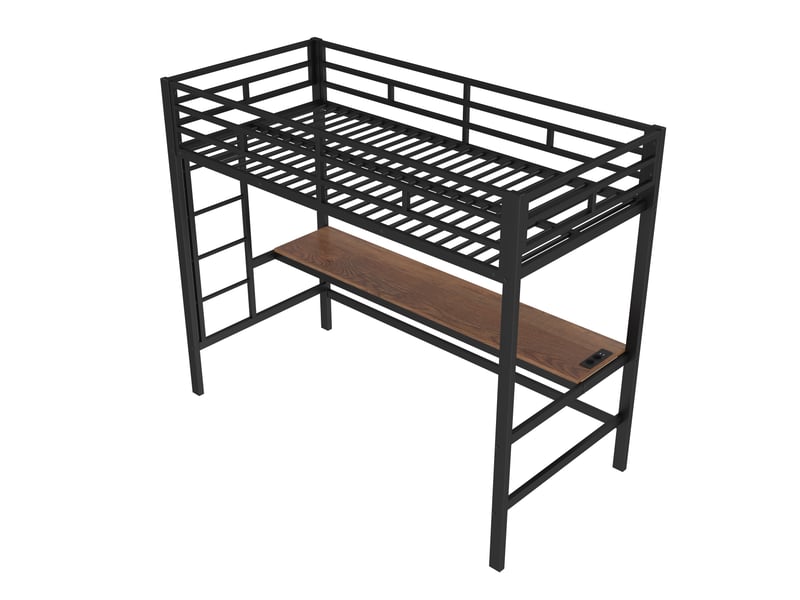 Lit mezzanine enfant 200×90 cm avec bureau, éclairage led et prises usb et usb-c, sans matelas, en métal noir - Conforama E