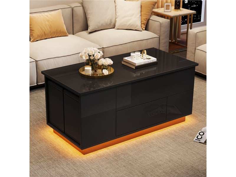  Table basse relevable 100x50 cm noire brillante avec led, 2 poufs et rangement caché  - Conforama D