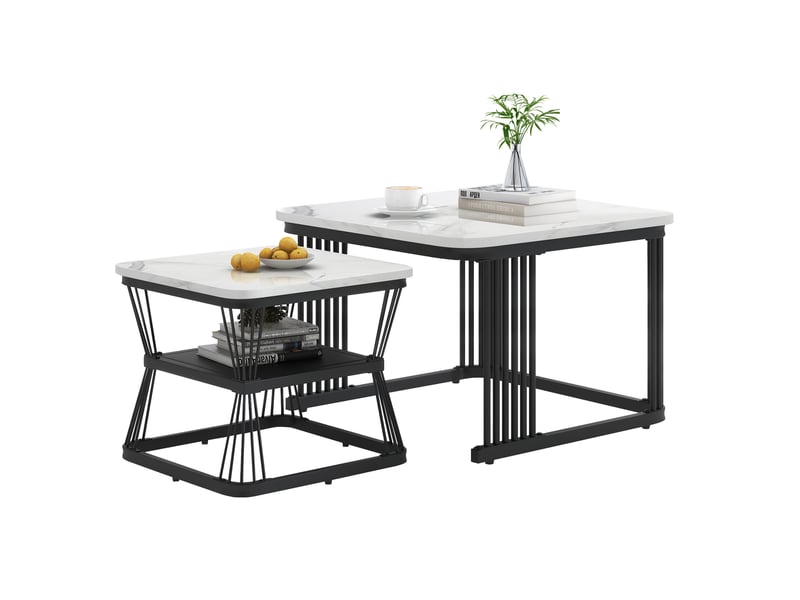  Lot de 2 tables basses gigognes effet marbre blanc pieds en acier noir  - Conforama A