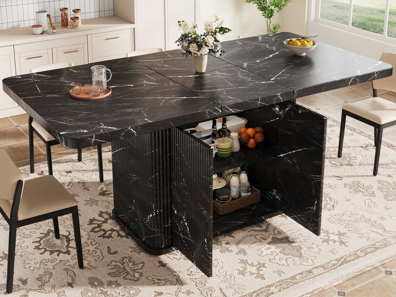  Table à manger multifonction avec rangement caché, plateau extensible, reliefs verticaux, 140-180 cm, effet marbre noir  - Conforama B