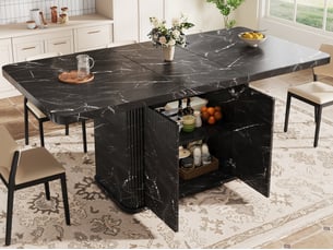 Table à manger multifonction avec rangement caché, plateau extensible, reliefs verticaux, 140-180 cm, effet marbre noir