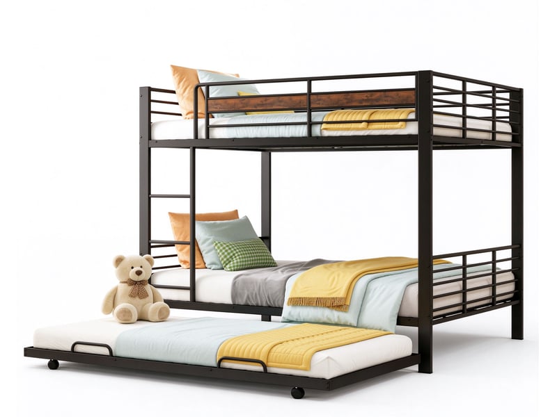  Lit superposé 140 x 200 cm avec lit gigogne, échelle et barrières de sécurité, couchage d’appoint gain de place, métal, noir  - Conforama A