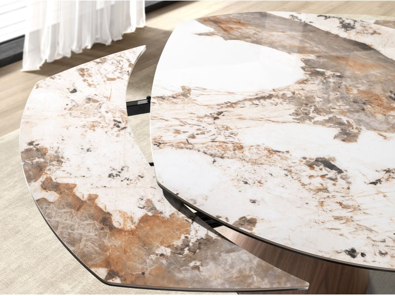 Table de salle à manger extensible ovale en forme de tonneau en marbre porcelanique et bois de noyer  - Conforama E