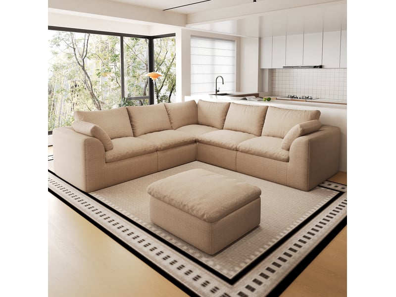  Canapé panoramique 6 places 245x245 cm en tissu lin kaki  - Conforama E
