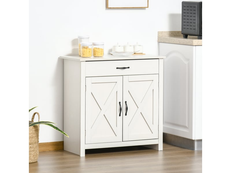  Buffet de salon, meuble de rangement avec tiroir, 2 portes coulissantes de style grange et étagère réglable, 80 x 39,7 x 80 cm, blanc  - Conforama C