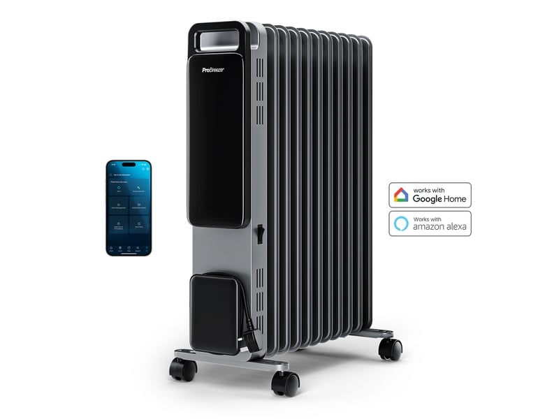 Radiateur à huile omniwarm 2500w avec 11 ailettes, affichage numérique et contrôle via application intelligente – argent  - Conforama A