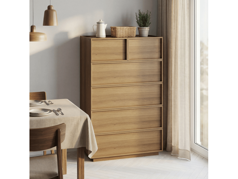  Commode 6 tiroirs 80 x 48 x 127,5 cm coloris chêne avec glissières métalliques  - Conforama D