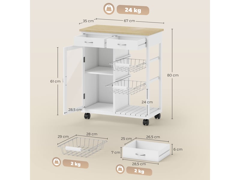  Desserte de cuisine à roulettes plateau bambou porte vitrée blanc 67 x 35 x 80 cm  - Conforama C