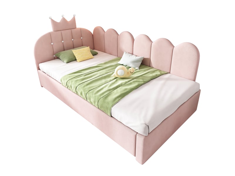 Lit gigogne 90 x 200 cm et 90 x 190 cm en forme l, avec dossier couronne et roulettes, velours rose - Conforama A