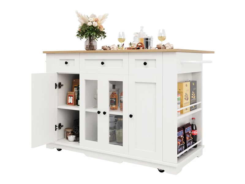  Desserte 151,5x60x91,7 cm, îlot de cuisine, 3 tiroirs, 4 portes, pour cuisine, en mdf et verre trempé, blanc et bois  - Conforama A