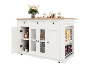 Desserte 151,5x60x91,7 cm, îlot de cuisine, 3 tiroirs, 4 portes, pour cuisine, en mdf et verre trempé, blanc et bois