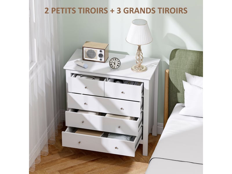  Commode 5 tiroirs en mdf et panneau de particules blanc 79 x 39,5 x 80,5 cm  - Conforama D