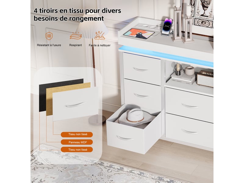  Commode 8 tiroirs - 108x30x82cm - meuble de rangement avec niche ouverte, bande led rgb réglable, style gamer - blanc  - Conforama D