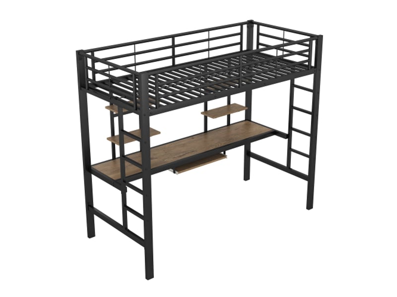  Lit mezzanine 90x200 cm, lit enfant avec bureau et 2 étagères, en fer, noir, sans matelas  - Conforama E