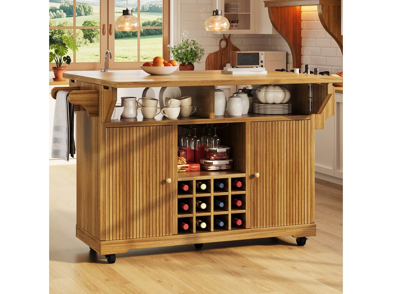  Desserte cuisine sur roulettes, plateau rabattable, rangement, marron foncé  - Conforama E