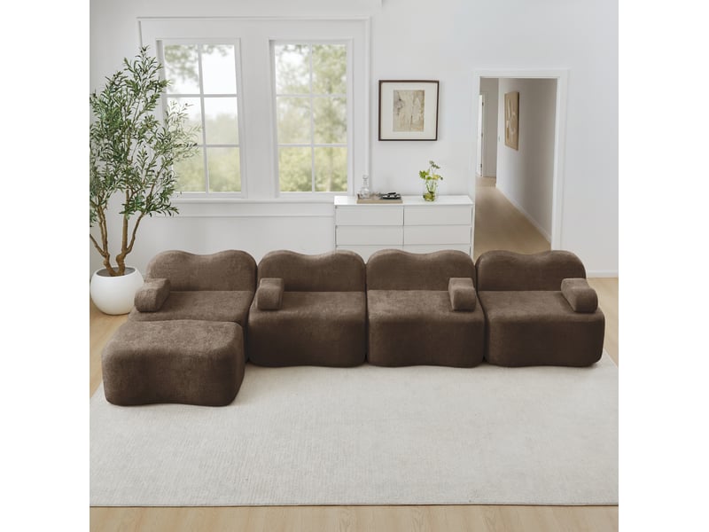  Canapé d'angle modulable ulevr 4 places avec pouf, 384 x 167 cm, velours marron, forme vague  - Conforama E