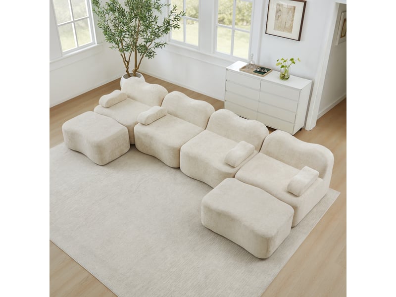  Canapé panoramique en u modulaire avec poufs, assise ergonomique et velours beige  - Conforama C