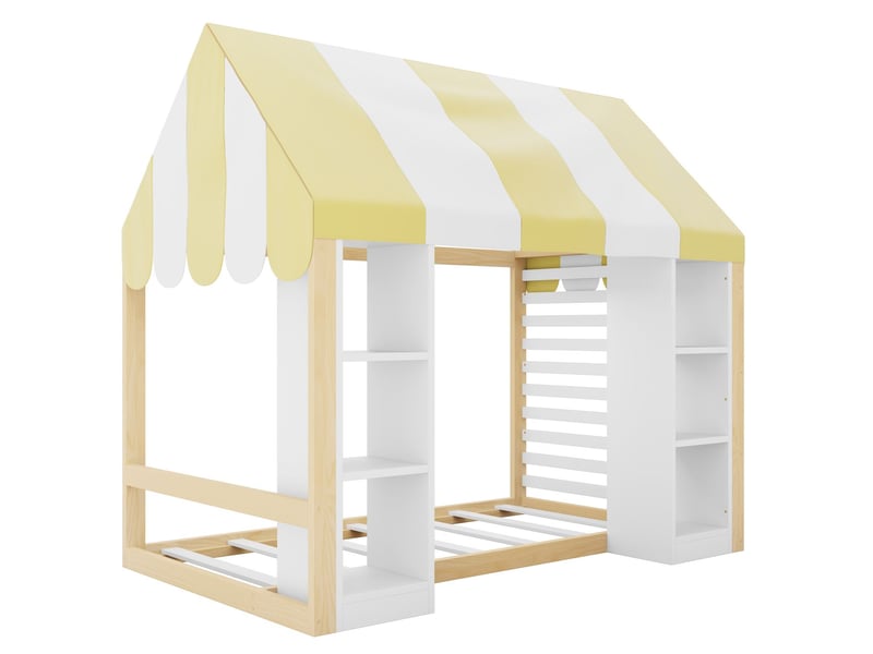 Lit enfant 90 x 200 cm rangement ouvert lit simple style maison de campagne ciel de lit cadre en bois coloris bois et blanc - Conforama E
